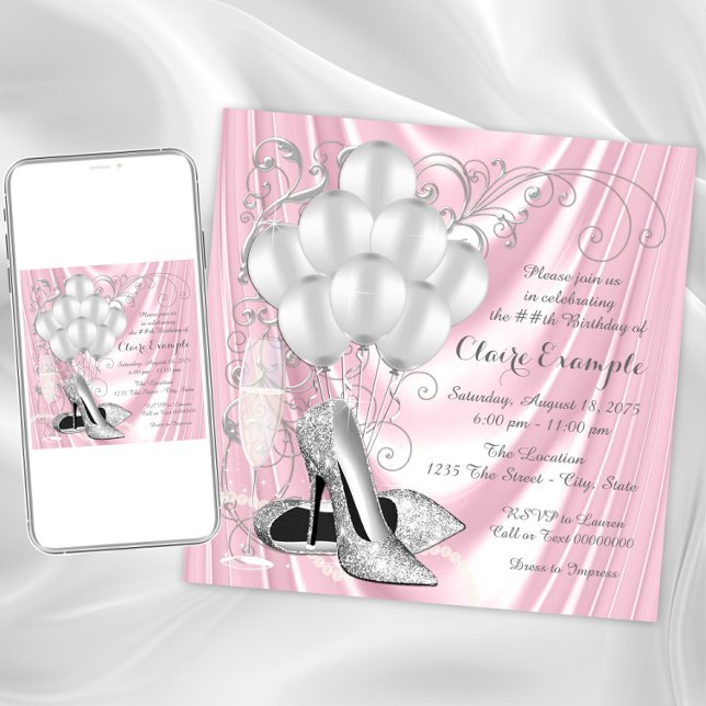 Kvinnas rosa och silver födelsedagsfest Lyx Inbjudningar (Elegant pink and silver any occasion invitation. Instant download and printed invitations available.)