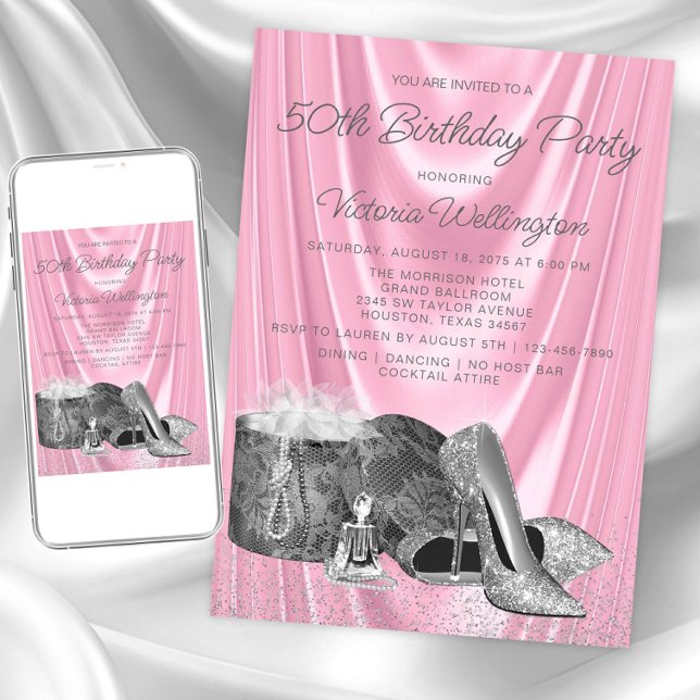 Kvinnas rosa silver sko valfritt antal födelsedag inbjudningar (Womans pink silver any number birthday invitation. Instant download & printed invitations available.)