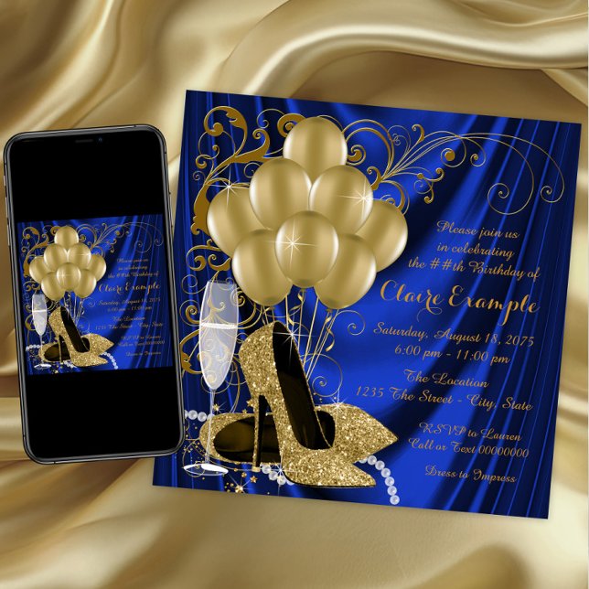 Kvinnas Royalblå och Guld Födelsedagsfest Lyx Inbjudningar (Womans royal blue gold high heel shoe any number birthday invitation. Download and print available.)