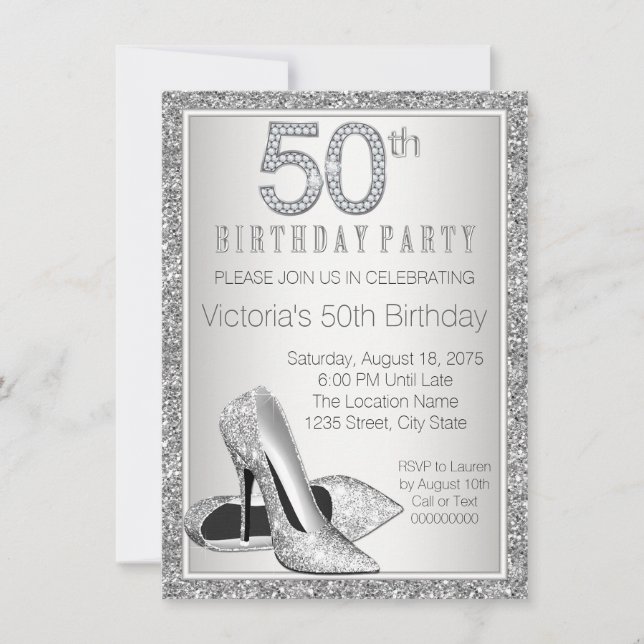 Kvinnas Silver Glitter Höga Klackar Skor 50-årsdag Inbjudningar (Framsida)