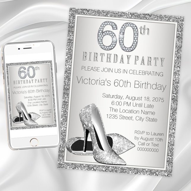 Kvinnas Silver Glitter Höghälssko 60-årsdag Inbjudningar (Womans elegant 60th birthday invitation. Instant download and printed invitations available,)