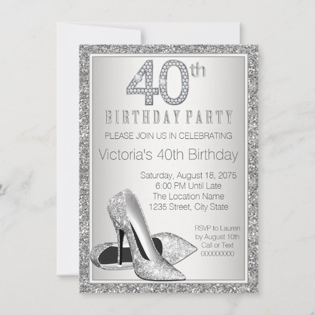 Kvinnas silver glitter högklackad sko 40-årsdag inbjudningar (Framsida)