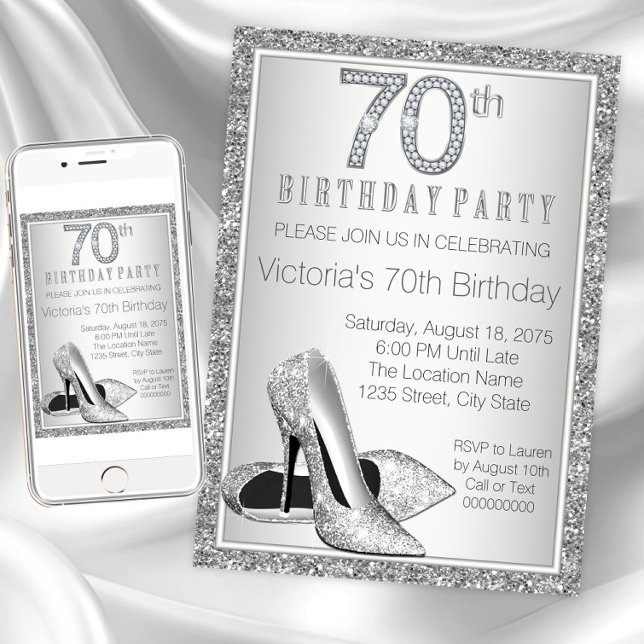 Kvinnas silver glitter högt klacksko 70-årsdag inbjudningar (Womans 70th birthday party invitation. Instant download and printed invitations available.)