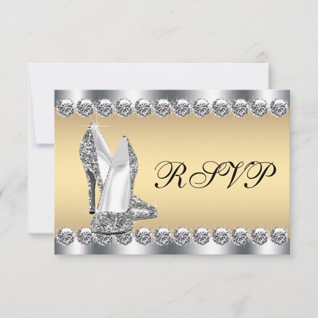 Kvinnas Silver Guld Diamant Bling RSVP OSA Kort (Framsida)