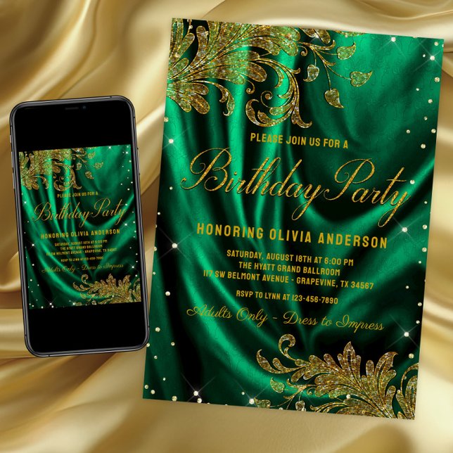 Kvinnas smaragdgröna guld födelsedagsfest inbjudningar (Womans emerald green and gold birthday party invitation for any number birthday. Digital and print.)