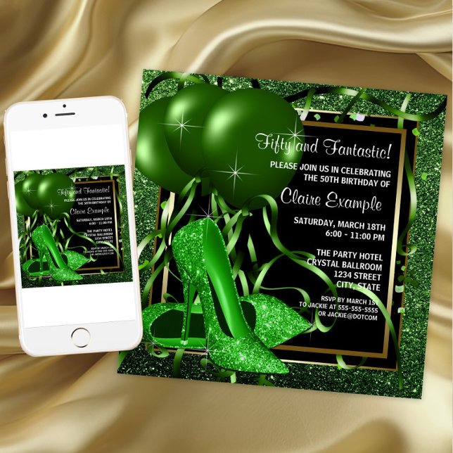 Kvinnas smaragdgröna högklackade sko födelsedagsfe inbjudningar (Emerald green and gold any occasion invitation. Instant download and printed invitations available.)