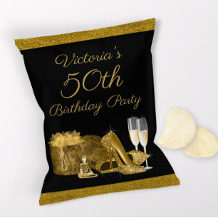 Kvinnas svarta guld födelsedagsfest chipspåse reklamblad