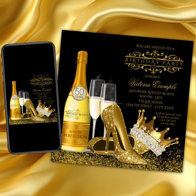 Kvinnas Svarta Guld Höga Klackar Prinsessa Födelse Inbjudningar (Woman black and gold birthday party invitation with gold high heel shoes, crown and champagne. Any #)