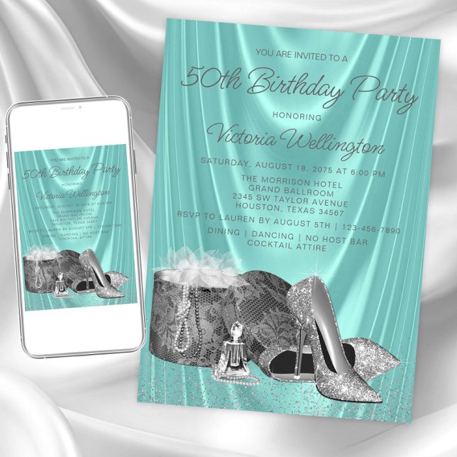 Kvinnas turkosblå silver sko valfri siffra födelse inbjudningar (Womans teal silver any birthday invitation. Instant download and printed invitations available.)