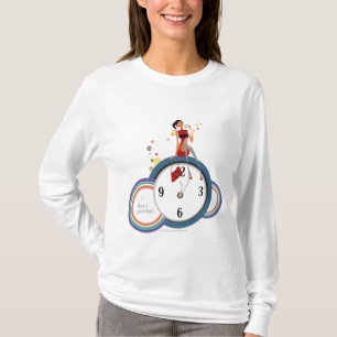 Kvinnasitta på en ta tid på och innehav som en t shirt