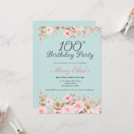 Kvinnlig 100-årsdag Rosa Ros Blommig Fest Inbjudningar