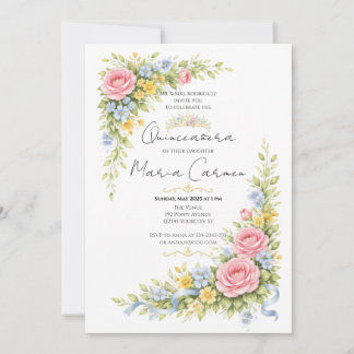 Kvinnlig akvarell Blommig Quinceanera tiara Inbjudningar