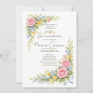Kvinnlig akvarell Blommig Quinceanera tiara Inbjudningar