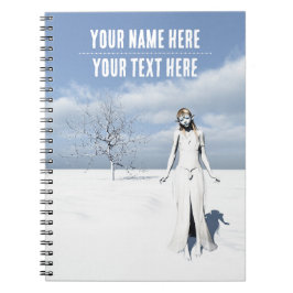 Kvinnlig alv som går i snön. Anpassningsbar text Anteckningsbok