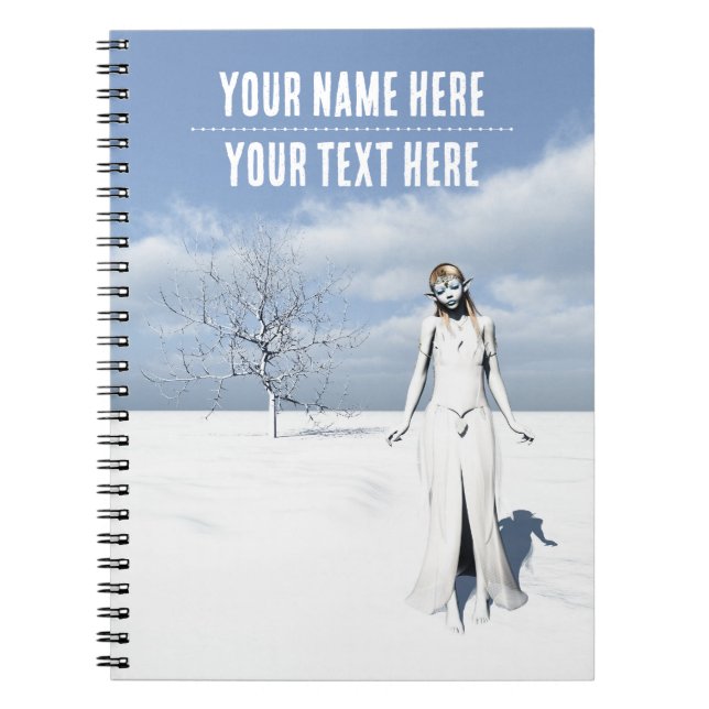 Kvinnlig alv som går i snön. Anpassningsbar text Anteckningsbok (Framsidan)