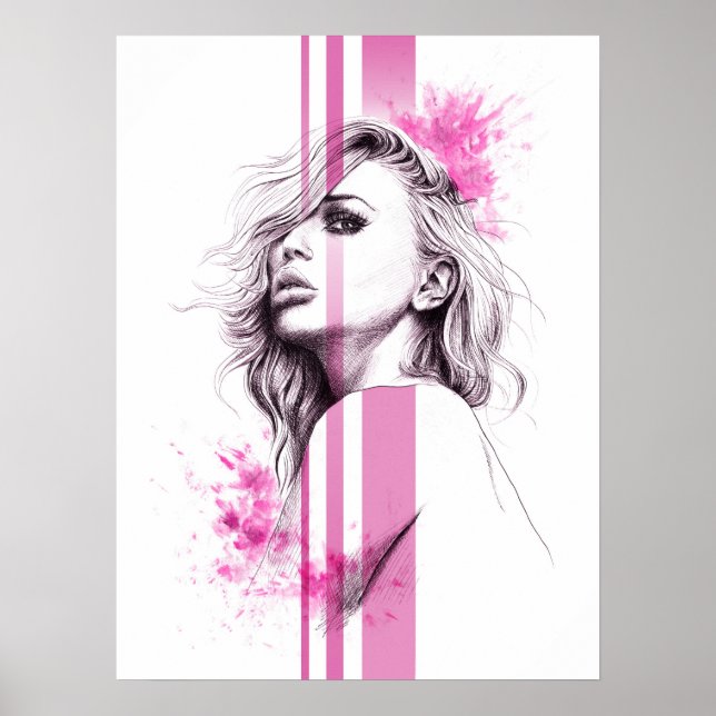 Kvinnlig bläckporträtt Rosa Modeillustration konst Poster (Framsidan)