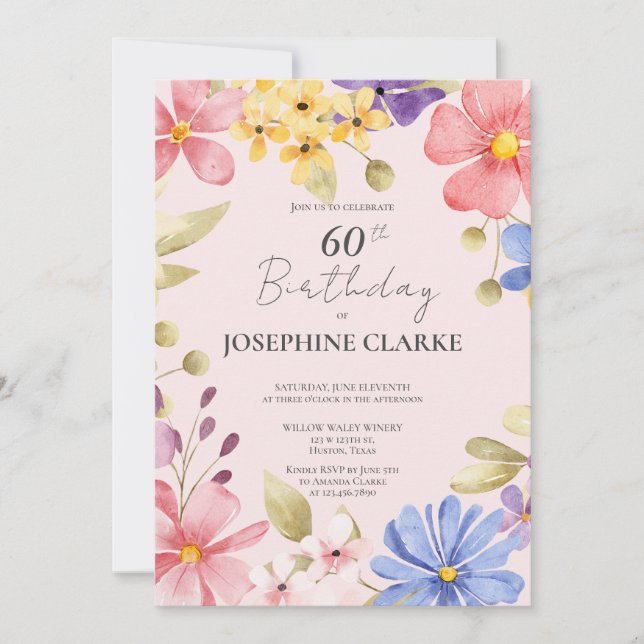 Kvinnlig blomsterkrans 60-års födelsedagsfest inbj inbjudningar (Framsida)