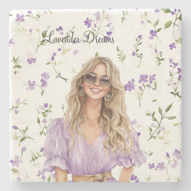 Kvinnlig Blond Lavendel Dröm Klänning Blommig Stenunderlägg (Framsidan)