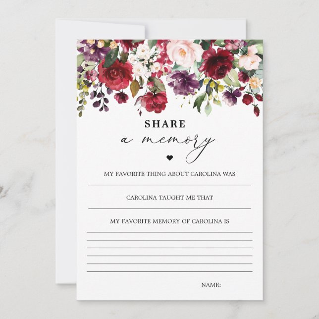 Kvinnlig Burgunder Blommig Dela Ett Minne Minnesko Tack Kort (Framsida)