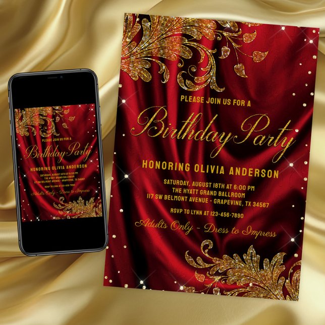 Kvinnlig Burgunder Guld Födelsedagsfest Inbjudan (Womans elegant red and gold birthday party invitation with gold swirls on a red satin background.)