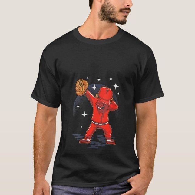 Kvinnlig Dabbing Basebollspelare Catcher Pitcher S T Shirt (Framsida)