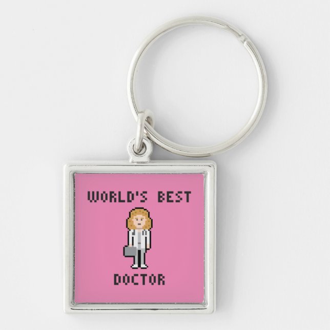 Kvinnlig doktor Keychain för PIXELkonst Fyrkantig Silverfärgad Nyckelring (Framsidan)