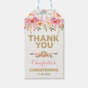 Kvinnlig Dreamcatcher rosa guld- blom- Christening Presentetikett