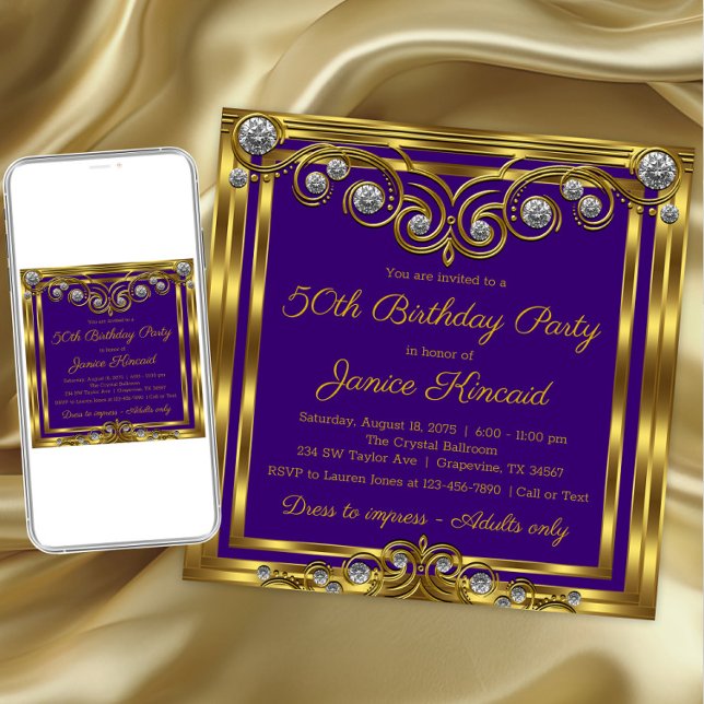 Kvinnlig Elegant Lila Guld Diamant Födelsedagsfest Inbjudningar (Womans purple gold any number birthday invitation. Download and printed invitations available.)