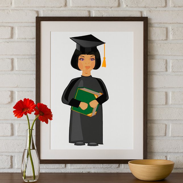 Kvinnlig examenstuderande i svart studentmössa och poster (Skapare uppladdad)