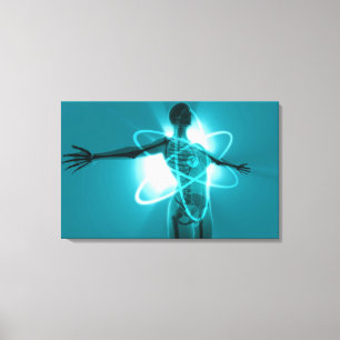Kvinnlig figur med en överdra av ett atom- symbol canvastryck