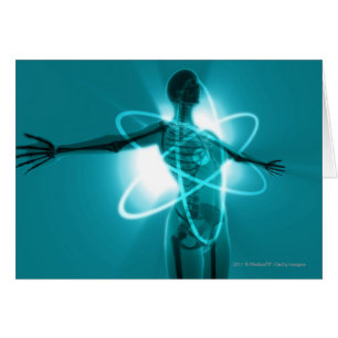 Kvinnlig figur med en överdra av ett atom- symbol hälsningskort