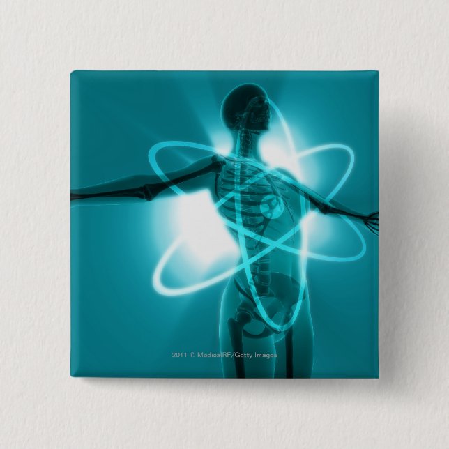 Kvinnlig figur med en överdra av ett atom- symbol knapp (Framsida)