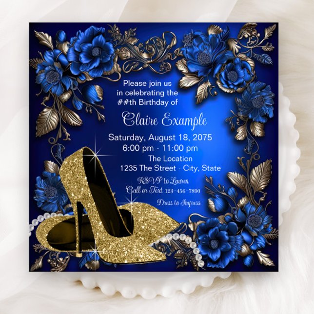 Kvinnlig Födelsedagsfest i Royalblått och Guld med Inbjudningar (Elegant royal blue gold floral shoe any number birthday party and event invitation.)