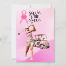Kvinnlig golfer rosa golfvagn på rosa Bröstcancer