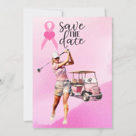 Kvinnlig golfer rosa golfvagn på rosa Bröstcancer Inbjudningar