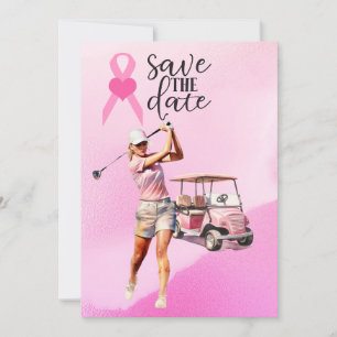 Kvinnlig golfer rosa golfvagn på rosa Bröstcancer Inbjudningar