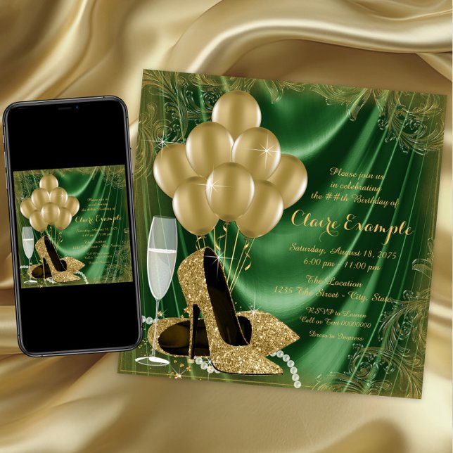 Kvinnlig grön och guld födelsedagsfest satin glitt inbjudningar (Womans emerald green and gold birthday party invitations. Any age. Digital and printed available.)