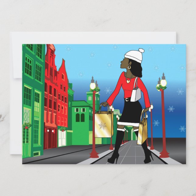 Kvinnlig julhandel med påsar klädda mode inbjudningar (Framsida)