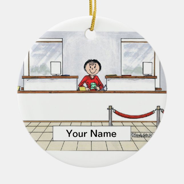 Kvinnlig kassör i bank - julgransprydnad keramik (Framsidan)