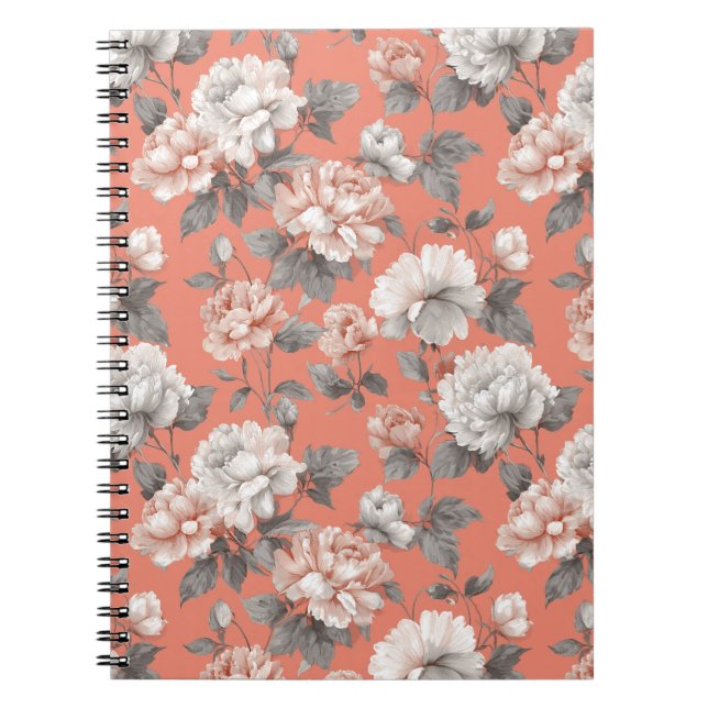 Kvinnlig korallblomning vit blommönster anteckningsbok (Framsidan)