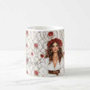 Kvinnlig Krans med Rosor och Falskt Trä Blommor me Kaffemugg