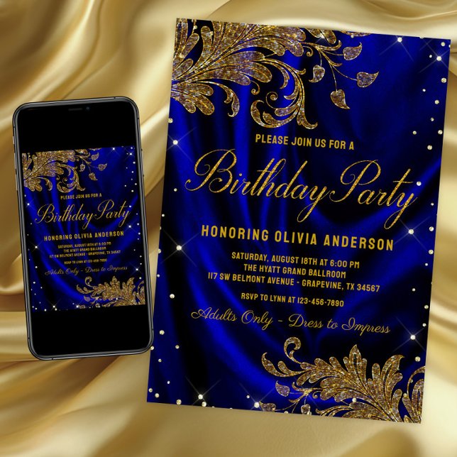 Kvinnlig kunglig blå guld födelsedagsfest inbjudan (Womans royal blue & gold any number birthday invitation. For instant download & printed invitations.)
