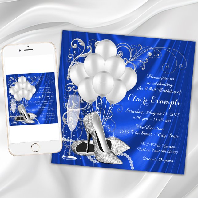 Kvinnlig kunglig blå och silver födelsedagsfest inbjudningar (Womans blue and silver birthday party invitation with silver high heels, pearls and balloons.)