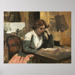 Kvinnlig läsning - Jean-Baptiste - Corot Fine Art Poster