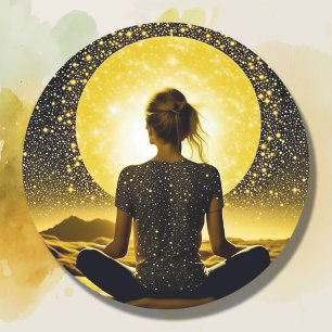 Kvinnlig meditation med full måne på stjärnnatten runt klistermärke