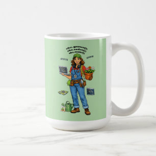 Kvinnlig mjukvaruingenjör vars hobby är trädgårdss kaffemugg