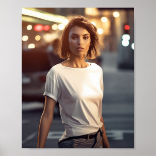 Kvinnlig modell med blanka vita t-shirt poster