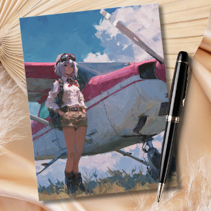 Kvinnlig Pilot Porträtt Roligt Kawaii Flygning Föd Vykort