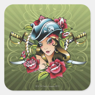 Kvinnlig pirat med ro och svärd fyrkantigt klistermärke