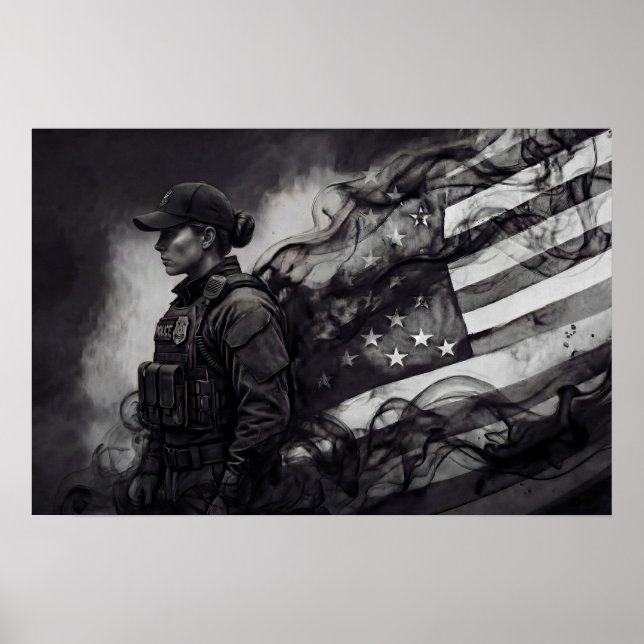 Kvinnlig polis patriotisk lag- och ordningstribut poster (Framsidan)